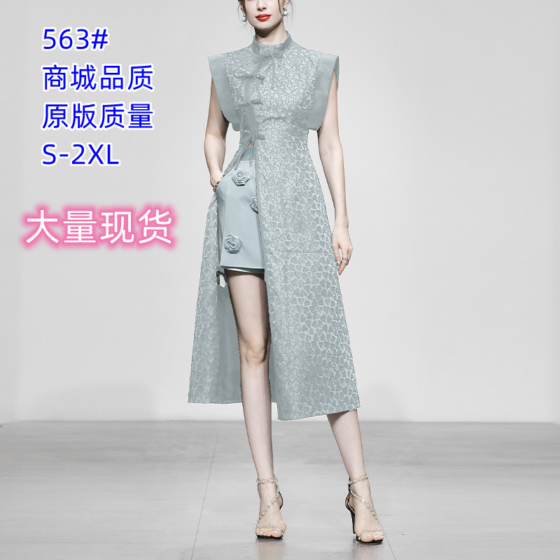 PF24429#夏季女装新款时尚气质两件套银灰色旗袍上衣缎面短裤裤子套装女...