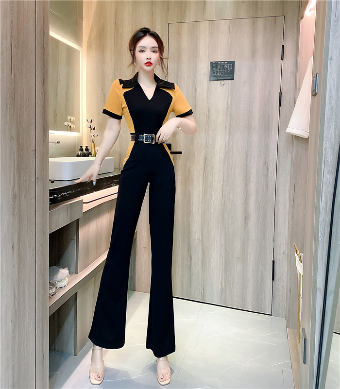 MY6120# 夏季时髦洋气翻领撞色减龄高端显瘦修身连体裤长裤女裝貨源服裝批發