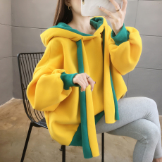 批发实拍100%聚酯纤维中长款韩版2021拼色连帽长袖卫衣ins女