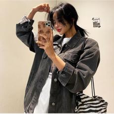 批发现货  复古宽松洗水黑色牛仔外套减龄春季夹克上衣
