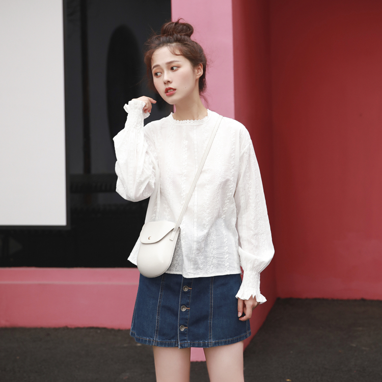 실사 작은 동영상 한국 ins 달콤함 소녀 작은 청신 연령 감소 레이스 자수 랜턴 긴팔 셔츠