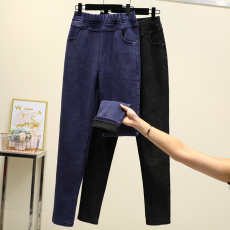 批发实拍冬款大码高腰弹力仿牛仔加绒加厚女长裤外穿胖MM200斤保暖裤