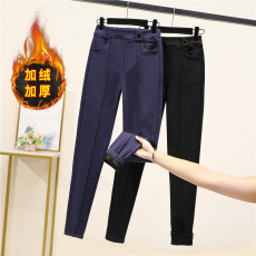 批发实拍冬新款大码弹力加绒加厚女裤胖mm高腰韩版裤子显瘦小脚长裤
