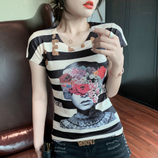 批发欧洲站2026夏装新款时尚印花短袖打底衫修身上衣女