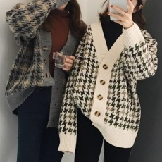 批发慵懒风网红毛衣外套女春秋装2025新款宽松千鸟格子中长款针织开衫