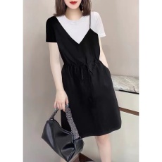 批发大码女装胖mm夏季<b class='q'>欧洲站</b>假两件圆领中长款短袖<b class='q'>连衣裙</b>