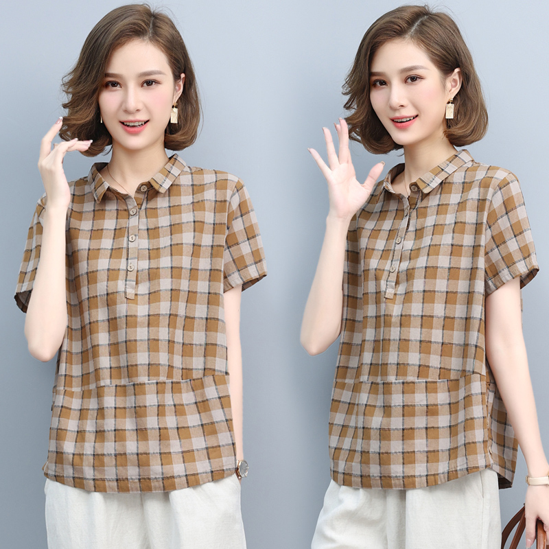 款2021年新款格子衬衫女短袖纯棉时尚宽松显瘦上衣