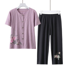 批发棉绸睡衣女士夏季妈妈装宽松显瘦棉麻套装时尚外穿洋气短袖两件套