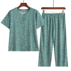 批发2023年妈妈棉绸睡衣女夏款短袖长裤夏季薄人造棉中老年家居服套装