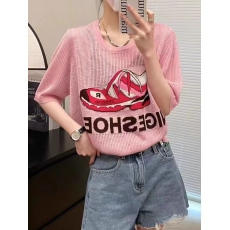 批发欧洲站2023夏新款镂空鞋子字母刺绣冰丝短袖针织衫女减龄洋气<b class='q'>上衣</b>