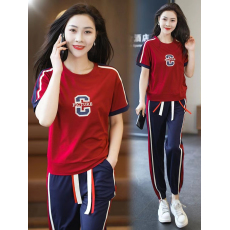 批发2026<b class='q'>夏</b>季新款时尚套装休闲撞色短袖开衫外套高腰运动阔腿裤两件套