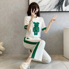 批发欧洲站夏季运动套装女2026新款网红刺绣小熊洋气短袖<b class='q'>阔腿裤</b>两件套