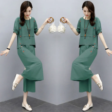 批发丝麻<b class='q'>阔腿裤</b>2026春夏新款T恤胖妹妹遮肉显瘦轻奢休闲两件女装套装