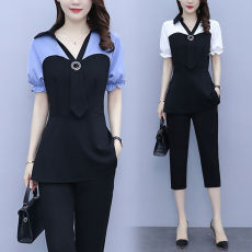 批发2026夏装新款时尚胖妹妹遮肚领带显瘦<b class='q'>大码</b>女装夏季两件套减龄套装