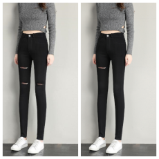 批发6119#实拍新款秋季<b class='q'>破洞</b>小脚裤高腰弹力百搭铅笔裤秋裤女九分裤潮