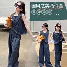 批发【纯棉罗马<b class='q'>牛仔</b>】新中式女大童夏季款针织<b class='q'>牛仔</b>套装中国风<b class='q'>马甲</b>阔腿裤