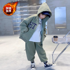 批发<b class='q'>男童</b>秋<b class='q'>冬</b>加绒<b class='q'>开衫</b>卫衣套装2024新款儿童运动连帽<b class='q'>童装男</b>孩韩范冬装