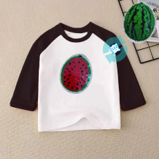 批发纯棉插肩长袖t恤男<b class='q'>女童</b>装春秋新款宽松卡通变色亮片西瓜儿童上衣