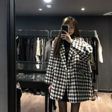 批发现货 千鸟格子毛呢外套韩版宽松休闲加厚中长款
