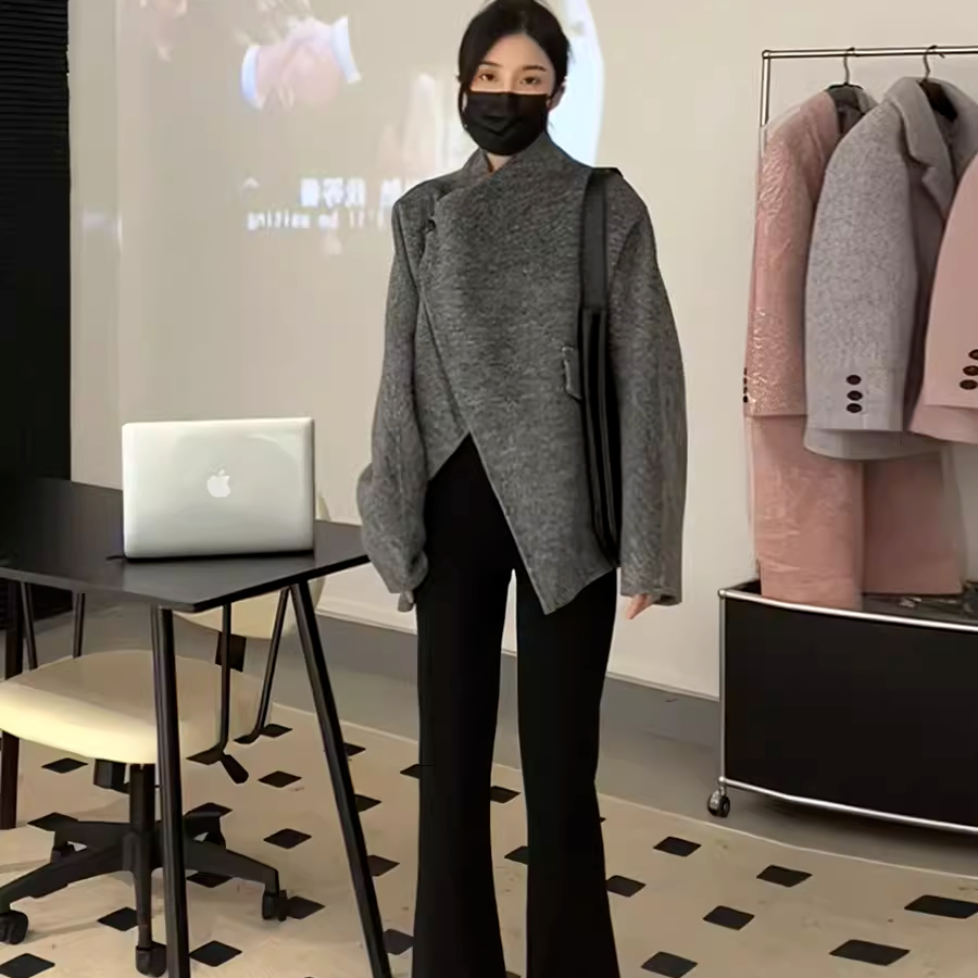 회색 울 리 코트 가을 겨울 2026 새로운 한국 스타일 그는 벤 바람 작은 키 고급 쇼트 스타일 모직 외투