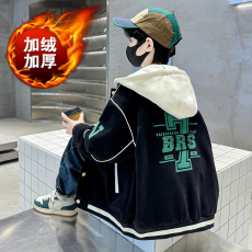 批发男童棒球服秋冬加绒加厚款2025新款中大童连帽儿童冬装网红外套潮