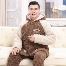 批发夹层280０中年爸爸秋冬睡衣男士开衫连帽长袖长裤保暖家居服外穿