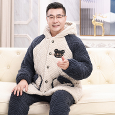 批发夹层280０克中年爸爸秋冬睡衣男士开衫连帽长袖长裤保暖家居服外穿