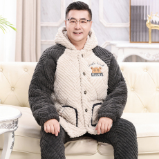 批发夹层280克中年爸爸秋冬睡衣男士开衫连帽长袖长裤保暖家居服外穿