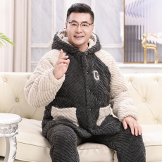 批发夹层280０克中年爸爸秋冬睡衣男士开衫连帽长袖长裤保暖家居服外穿