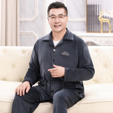 批发海岛绒提花中年爸爸秋冬睡衣男士开衫长袖长裤保暖两件家居服外穿