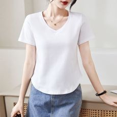 批发t恤女短袖v领小衫纯棉<b class='q'>上衣</b>服中青年30女装40岁妈妈装夏天体恤弧形