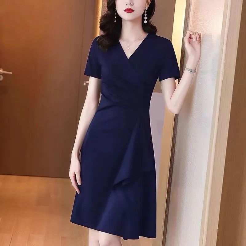 2026 새로운 치마 아이들 V넥 여성 드레스 여름 허리 수축 슬림해 보이는 고급 품격 몸매 가꾸기 여성 드레스