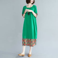 批发2026夏装民族风复古撞色拼接印花短袖连衣裙大码宽松减龄<b class='q'>中长裙</b>女