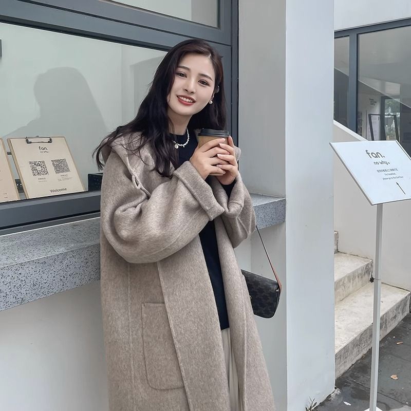 후드 양면 양모 코트 여자 중간 롱 코트 2026 새로운 한국 스타일 출퇴근 루즈핏 레이스업 슬림해 보이는 모직 외투