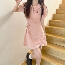 批发樱桃POLO翻领连衣裙夏季学院奶甜辣妹抽绳褶皱收腰小个子初恋短裙
