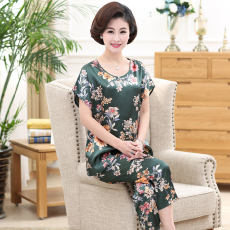 批发冰丝睡衣女夏季中年妈妈中老年人真丝绸薄款大码家居服套装短袖