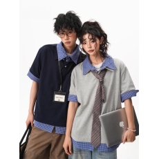 批发【官图 270G曼巴棉】美式假两件格纹POLO男女夏季<b class='q'>复古</b>短袖T恤