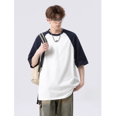 批发【官图 260G纯棉双纱】重磅拼色短袖t恤男夏季宽松插肩袖体恤