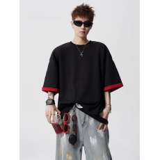 批发【官图】双面穿撞色拼接短袖男夏季美式拼接圆领T恤高街五分袖