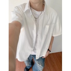 批发【实拍】重磅纯棉口袋衬衫短袖男夏季潮牌高级感纯色半袖衬衣