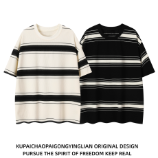 批发【实拍 纯棉】<b class='q'>日系</b><b class='q'>复古</b>重磅条纹短袖男夏季潮牌情侣装圆领半袖