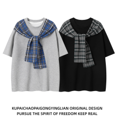 批发【实拍 270G曼巴棉 披肩可拆卸】假两件格子拼接潮牌短袖T恤男