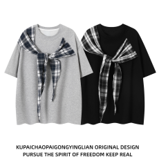 批发【实拍 高品质 270G曼巴棉】假两件蝴蝶结格子拼接短袖T恤男