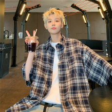 批发【实拍】美式复古夏季格纹衬衫男潮牌vibe高街短袖衬衣外套