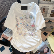 批发19支220g纯棉v领短袖t恤<b class='q'>女</b>夏季2026新款宽松卡通印花甜美半袖上衣