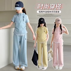 批发女童夏季短袖套装2026新款女大童装洋气阔腿裤二件套<b class='q'>儿童</b>运动衣服