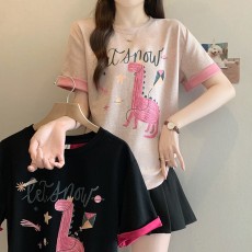 批发【原版面料】2025夏季时尚撞色减龄卡通印花圆领短袖T恤洋气<b class='q'>衣服</b>女