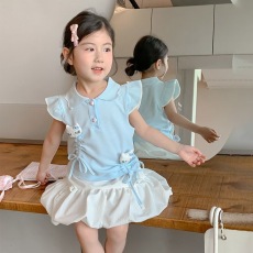 批发女宝休闲舒适两件套2025新款<b class='q'>女童</b>小飞<b class='q'>袖</b>抽绳卡通时髦上衣花苞裤裙
