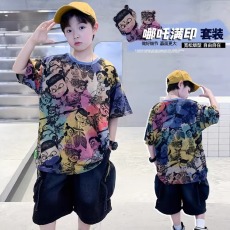 批发纯棉中大童国潮风哪吒t恤儿童夏季新款宽松帅气扎染印花上衣<b class='q'>男童</b>