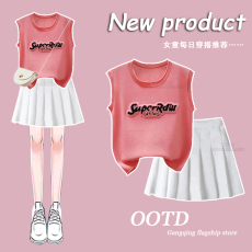 批发<b class='q'>女童</b>夏<b class='q'>季</b>百褶裙套装2025新款针织背心儿童无袖吊带小个子短裙夏装